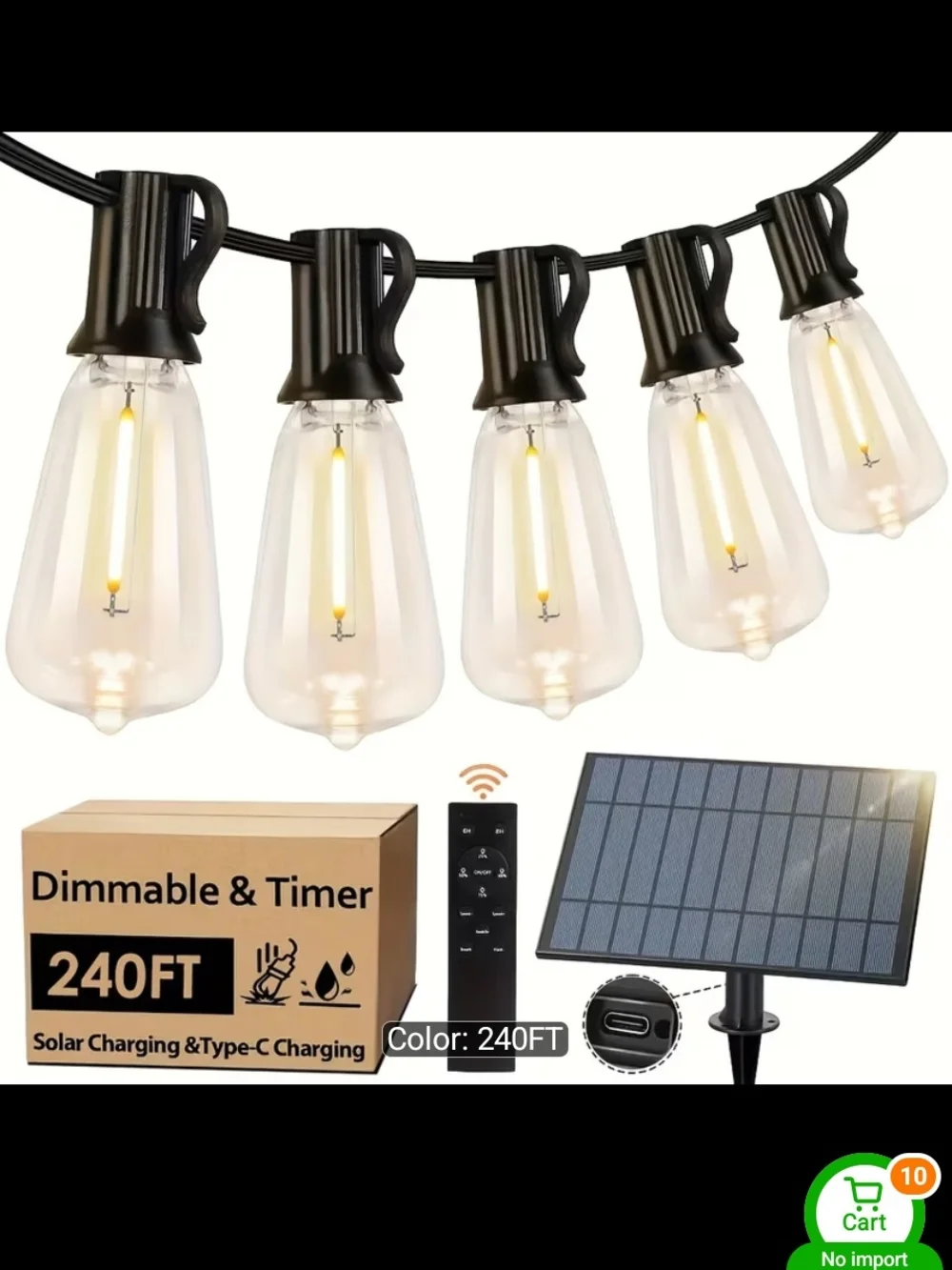 240FT Outdoor Solar String Lights with Remote - Black